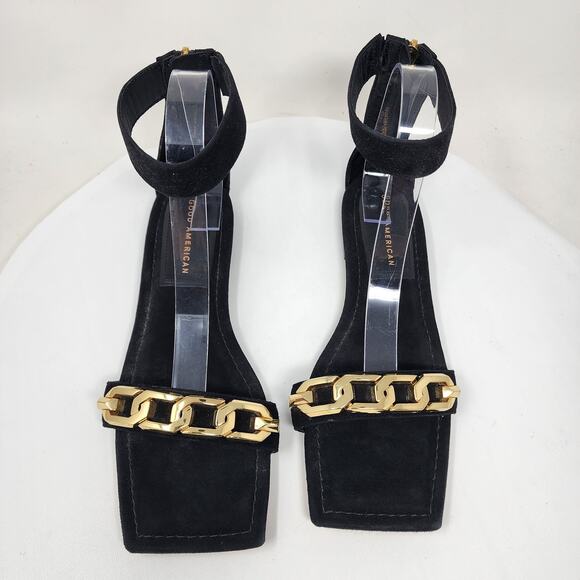Good American Ankle Wrap Sandals Women 9 Black Suede w/ Gold Chain Detail EUC - Picture 4 of 11